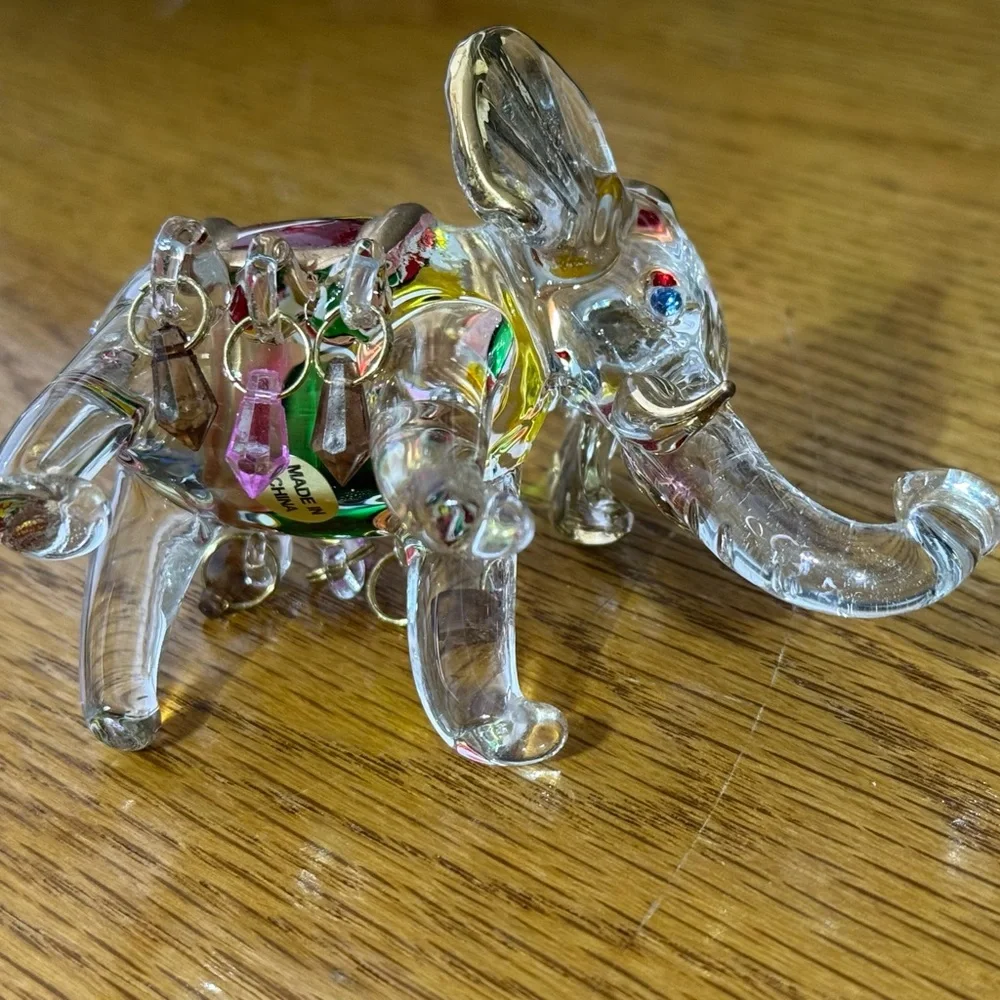 Spun Glass Hand Painted Elephant Figurine With Beads and Gold Accent‎